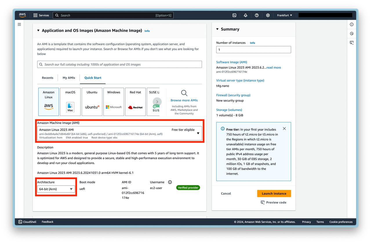 select AMI and architecure