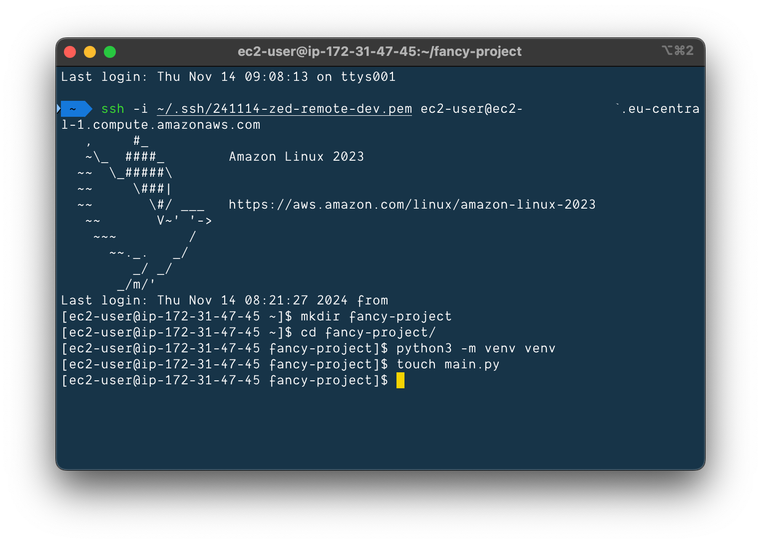 login through SSH and create venv