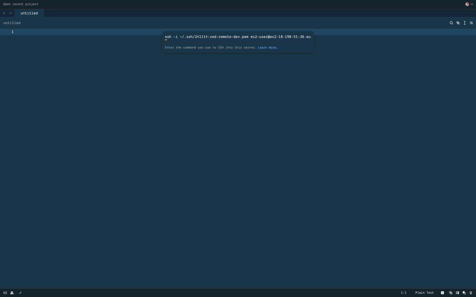 paste the ssh connection command in Zed
